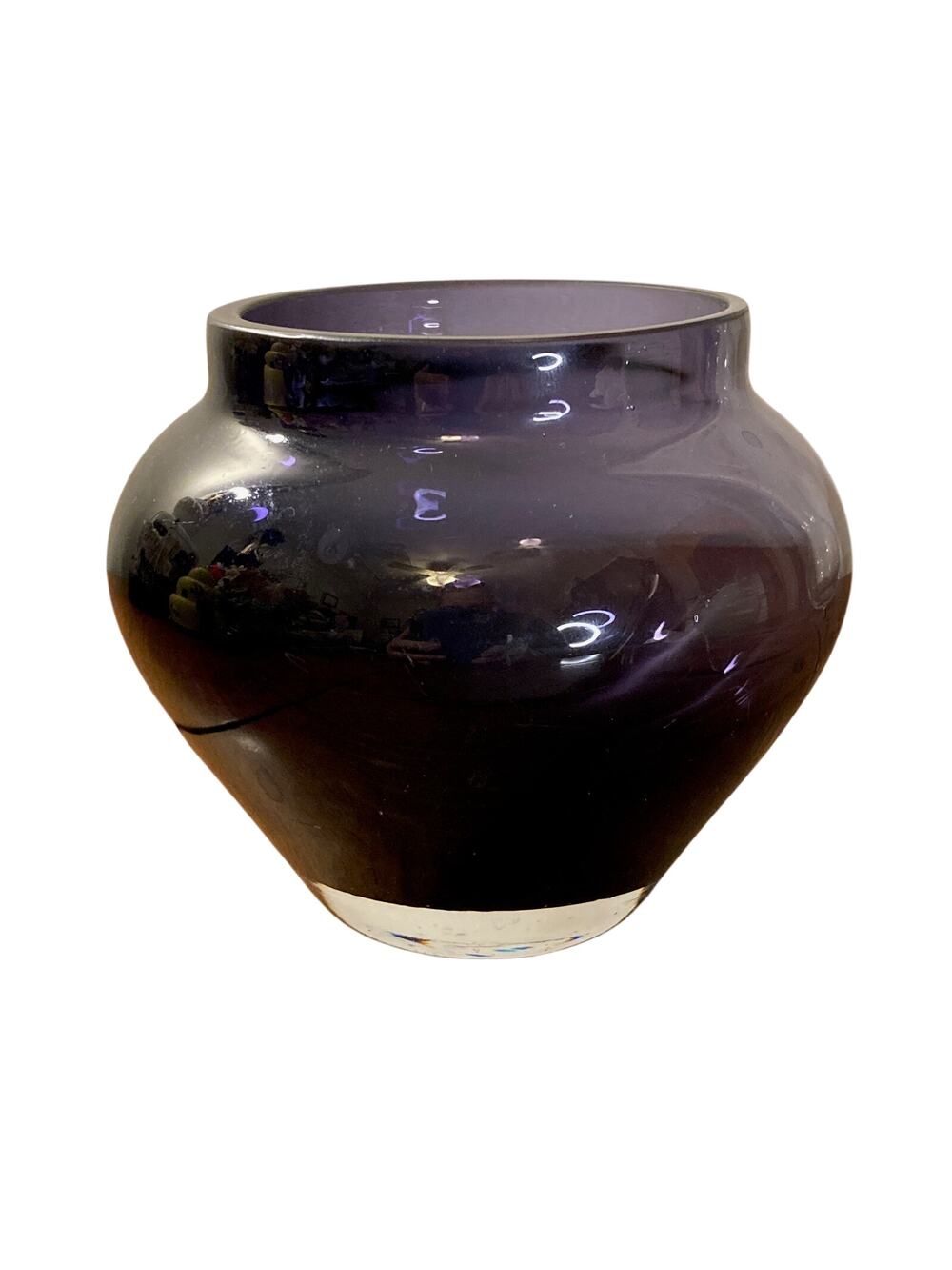 Vintage Mid-Century Amethyst Heavy Art Glass Vase w/Clear Base Potbelly Shape